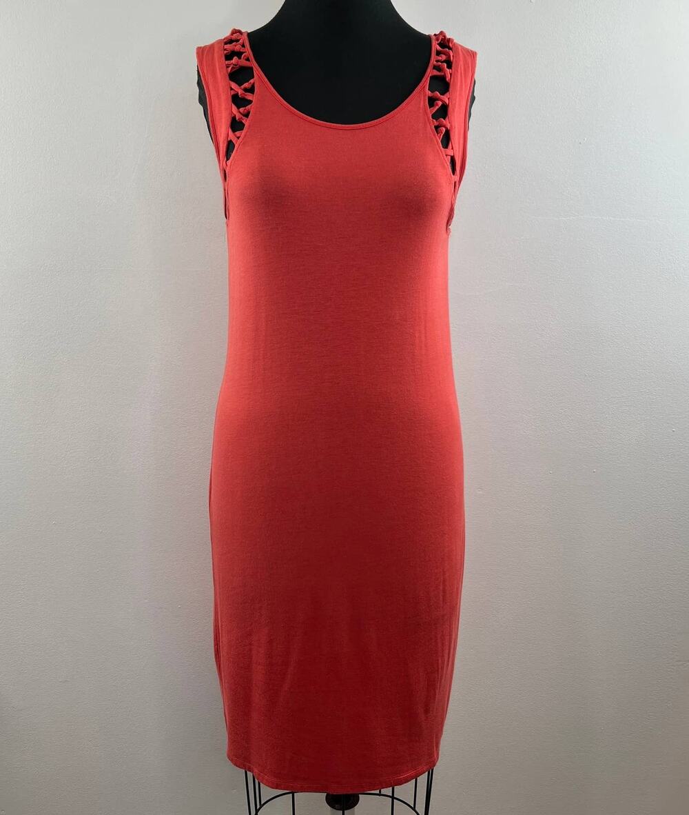 FREE PEOPLE Orange Sleeveless Neck Lace Laser Cut Sleeve Body Hugging Dress S M